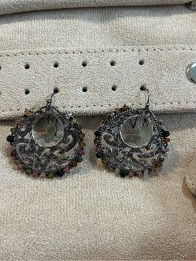 Multi-Color Filigree Hoop Earrings with Tourmaline Bead Fringe